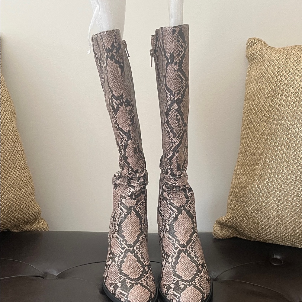 BareTraps Snakeskin Brown and Black knee high boots.